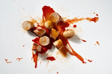 Fotobehang Chopped German sausage with ketchup and curry powder © exclusive-design