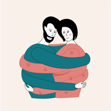 A young couple hugs very tight with very long arms, wrap one another. Love relationship and interdependence concept. Made in vector.