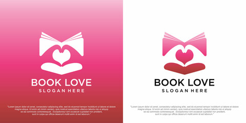 book icon with heart hand logo design vector. Love reading concept.