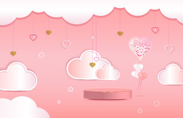 Pink podium with balloons, clouds, rose and golden hearts. Modern vector background. Love Valentain's day 3d rendering.