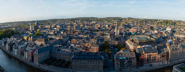 Panoramic Namur city view with Cathedral of Saint Aubain and église Saint-Jean-Baptiste de Namur from Citadel, Belgium - obrazy, fototapety, plakaty