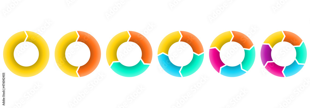Poster pie chart set. 3d circle diagram with 1, 2, 3, 4, 5, 6 steps or section. progress graph template. in