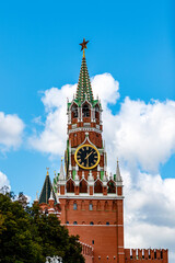 Spasskaya Tower, the famous clock tower of the Kremlin at Red Square in Moscow, Russia, Europe