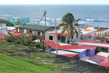 Low and colorful  houses on the beach of Viejo San Juan, Puerto Rico, La Perla