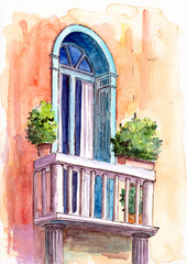 Watercolor illustration of a balcony with a tall arched turquoise window and plant pots on a beige house wall