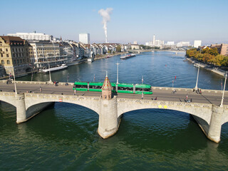 Drone view at river Rhine on Basel, Switzerland