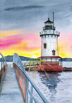 Watercolor illustration of a white Tarrytown lighthouse on a red base standing on a stone embankment with the metal bridge