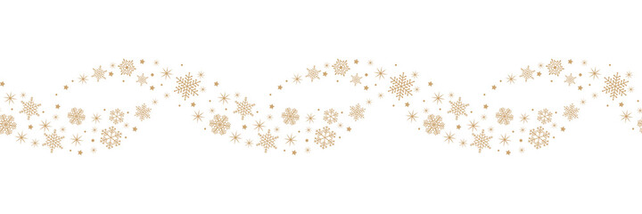 Christmas border of simple gold snowflakes and stars on white background. Seamless minimal horizontal pattern. Decorative vector snow wave 