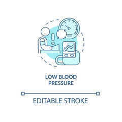 Low blood pressure turquoise concept icon. Heart problems. Hypotension abstract idea thin line illustration. Isolated outline drawing. Editable stroke. Roboto-Medium, Myriad Pro-Bold fonts used