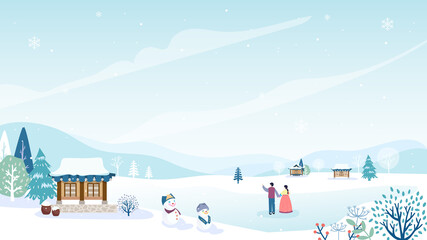 Korea's winter landscape background vector illustration. Lover in Korean hanbok costume with a traditional village background.