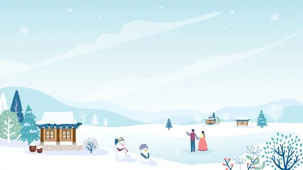 Poster Korea's winter landscape background vector illustration. Lover in Korean hanbok costume with a traditional village background. © Farosofa
