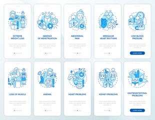 Anorexia and bulimia blue onboarding mobile app screen set. Nervosa types walkthrough 5 steps graphic instructions pages with linear concepts. UI, UX, GUI template. Myriad Pro-Bold, Regular fonts used