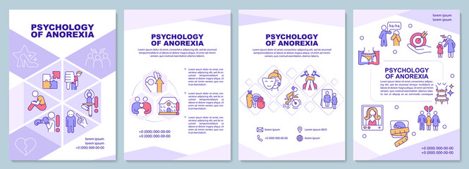 Psychology of anorexia purple brochure template. Mental illness. Booklet print design with linear icons. Vector layouts for presentation, annual report, ads. Arial-Black, Myriad Pro-Regular fonts used - obrazy, fototapety, plakaty