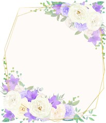美しい白いバラの花と紫色の花の招待状縦ゴールドフレームベクターイラスト素材