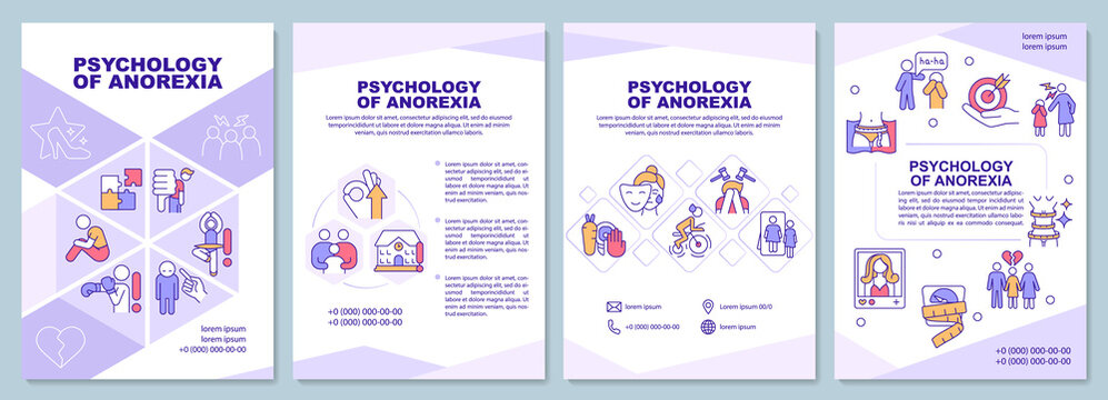Psychology of anorexia purple brochure template. Mental illness. Booklet print design with linear icons. Vector layouts for presentation, annual report, ads. Arial-Black, Myriad Pro-Regular fonts used