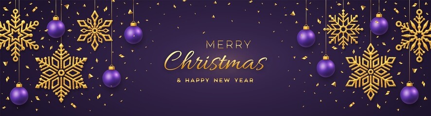 Fototapeta na wymiar Christmas purple background with hanging shining golden snowflakes and balls. Merry christmas greeting card. Holiday Xmas and New Year poster, web banner, header website. Vector Illustration.