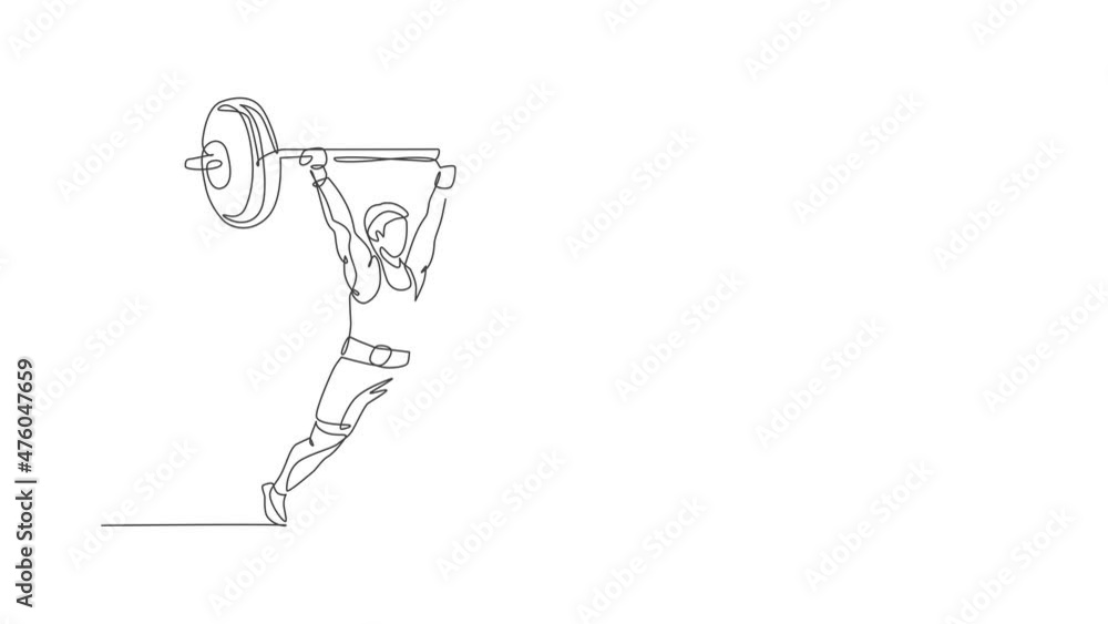 Poster animated self drawing of one continuous line draw young bodybuilder man doing exercise with a heavy 