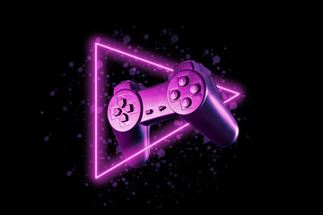 Game console joystick retro style with neon triangle in space. Concept of vaporwave and futurism.