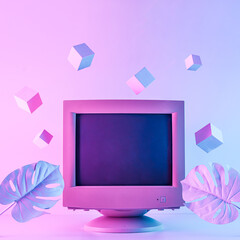 Vaporwave old retro computer like nostalgia tropical monstera and flying blocks as idea information or blockchain