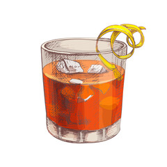 Negroni cocktail with ice cube and twist slice lemon. Vector vintage hatching