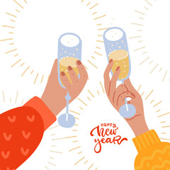 New year Party time with two raised hands holding champagne glasses, cheering. Winter holiday celebration event background with Happy New Year. Vector flat modern invitation illustration.