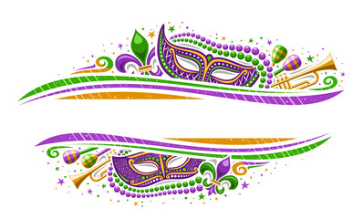 Vector Mardi Gras Border with copy space for text, horizontal template with illustration of fleur de lis symbol, colorful stars and decorative flourishes for mardigras show event on white background - obrazy, fototapety, plakaty