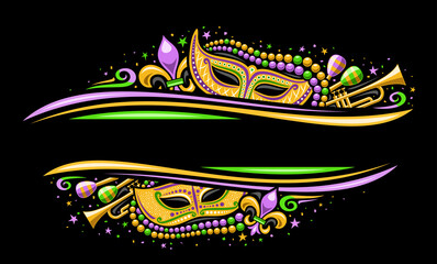 Vector Mardi Gras Border with copyspace, horizontal template with illustration of yellow mardi gras symbols, colorful stars and decorative flourishes for mardigras show event on black background - obrazy, fototapety, plakaty