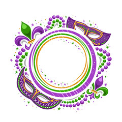 Vector Mardi Gras Frame with copy space for text, round template with illustration of purple mardi gras symbols and decorative colorful stars, poster for mardigras show event with white background