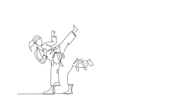Animated self drawing of continuous line draw two young talented karateka girls train pose for duel fighting at dojo gym center. Mastery martial art sport concept. Full length single line animation.