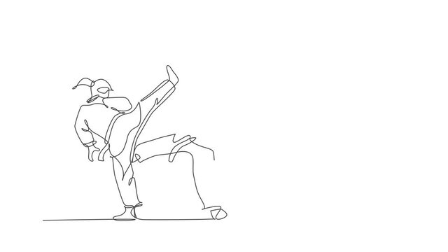 Animated self drawing of continuous line draw two young talented karateka girls train pose for duel fighting at dojo gym center. Mastery martial art sport concept. Full length single line animation.