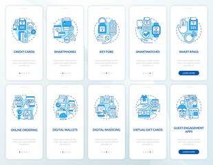 Fototapeta na wymiar Contactless payment blue onboarding mobile app screen set. Touchless walkthrough 5 steps graphic instructions pages with linear concepts. UI, UX, GUI template. Myriad Pro-Bold, Regular fonts used