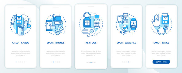 Payment methods blue onboarding mobile app screen. Cashless service walkthrough 5 steps graphic instructions pages with linear concepts. UI, UX, GUI template. Myriad Pro-Bold, Regular fonts used