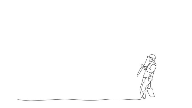 Animated self drawing of single continuous line draw young happy fisher man fly fishing trout fish on open water river. Fishing hobby holiday concept. Full length one line animation illustration.