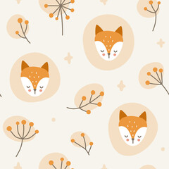 Fox head and herbs seamless doodle pattern. Autumn forest vector print for fabric, textile, apparel, wrapping paper, nursery.