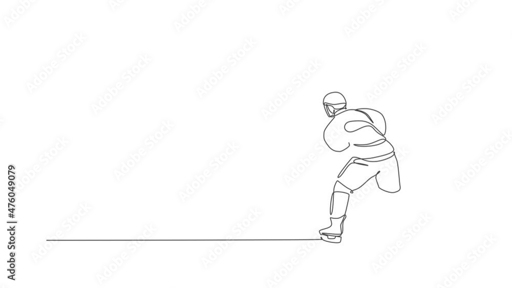 Poster animation of one line drawing of young ice hockey player in action to play a competitive game on ice