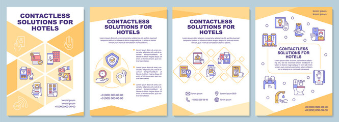 Contactless solutions for hotel brochure template. Booklet print design with linear icons. Vector layouts for presentation, annual reports, ads. Arial-Black, Myriad Pro-Regular fonts used