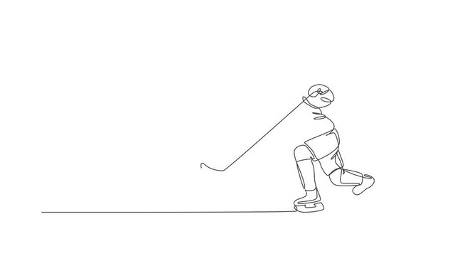 Animation of one line drawing of young ice hockey player in action to play a competitive game on ice rink stadium. Sport tournament concept. Continuous line self draw animated. Full length motion.