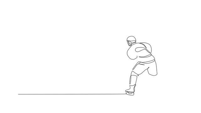 Animation of one line drawing of young ice hockey player in action to play a competitive game on ice rink stadium. Sport tournament concept. Continuous line self draw animated. Full length motion.