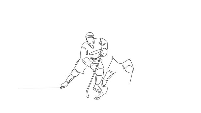 Animated self drawing of one continuous line draw two young professional ice hockey player exercising on ice rink stadium together. Healthy extreme sport concept. Full length single line animation.