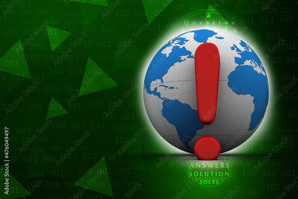 Poster 3d rendering exclamation mark and globe