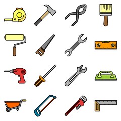 General carpentry tools related vector icon set collection pack, sign and symbol in outline and flat style.