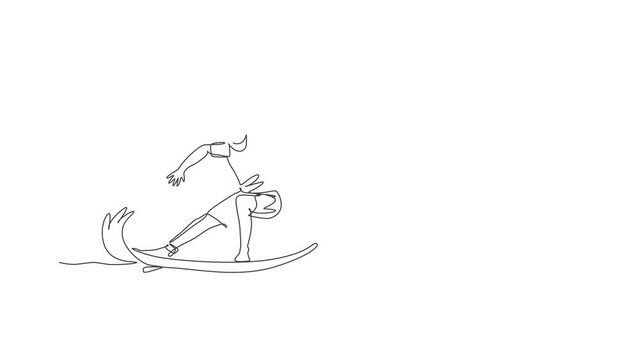 Animated self drawing of single continuous line draw young professional surfer in action riding the waves on blue ocean. Extreme watersport concept. Summer vacation. Full length one line animation.