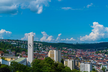Germany, Panorama view above stuttgart city houses and church steeple, the skyline of the big city...