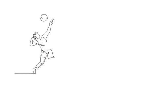 Animated self drawing of one continuous line draw young male professional volleyball player in action serve ball on court. Healthy competitive team sport concept. Full length single line animation.