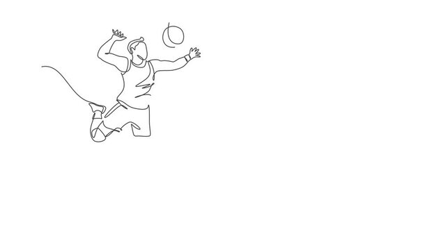 Animation of one line drawing of male professional volleyball player exercising jumping spike on court. Team sport concept. Tournament event. Continuous line self draw animated. Full length motion.