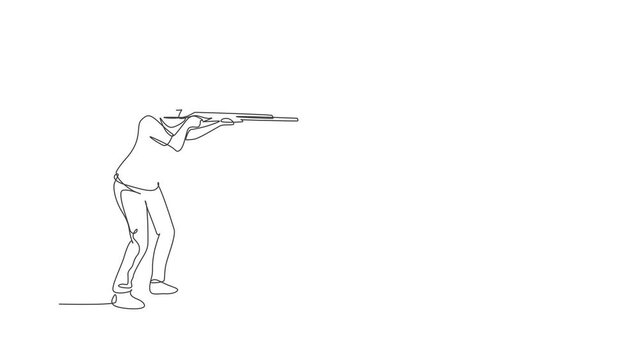 Animated self drawing of continuous line draw young athlete woman shooter holding gun and training to aim target tactical shooting. Shooting sport training concept. Full length one line animation.