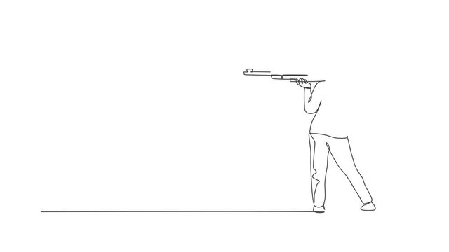 Animation of one line drawing young woman practicing to shot target in range on shooting training ground. Clay pigeon shooting sport concept. Continuous line self draw animated. Full length motion.