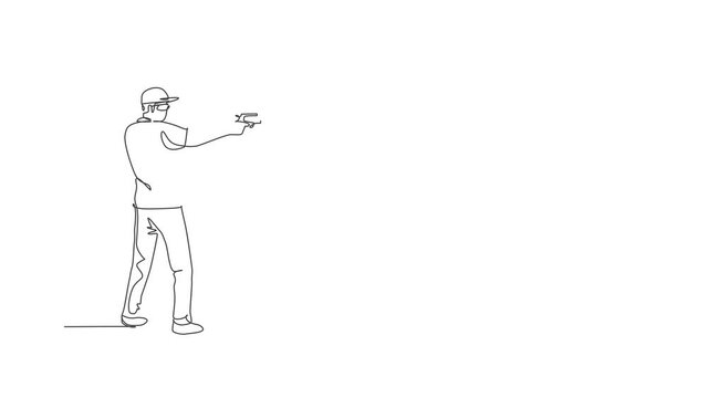 Animation of one line drawing of young man practicing to shot target in range on shooting training ground. Clay pigeon shooting sport concept. Continuous line self draw animated. Full length motion.