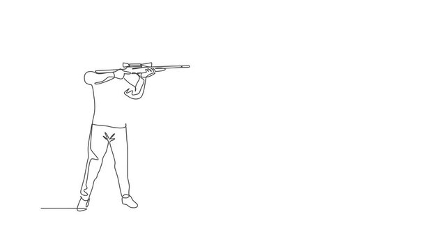 Animation of one line drawing of young man practicing to shot target in range on shooting training ground. Clay pigeon shooting sport concept. Continuous line self draw animated. Full length motion.