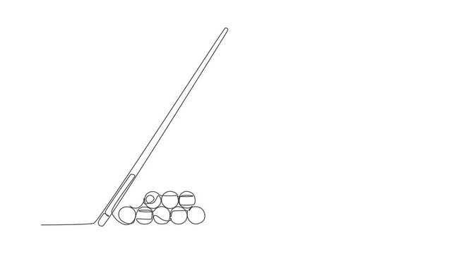 Animated self drawing of one continuous line draw triangle pyramid balls stack for pool billiards game at billiard room. Tournament indoor sport game concept. Full length single line animation.